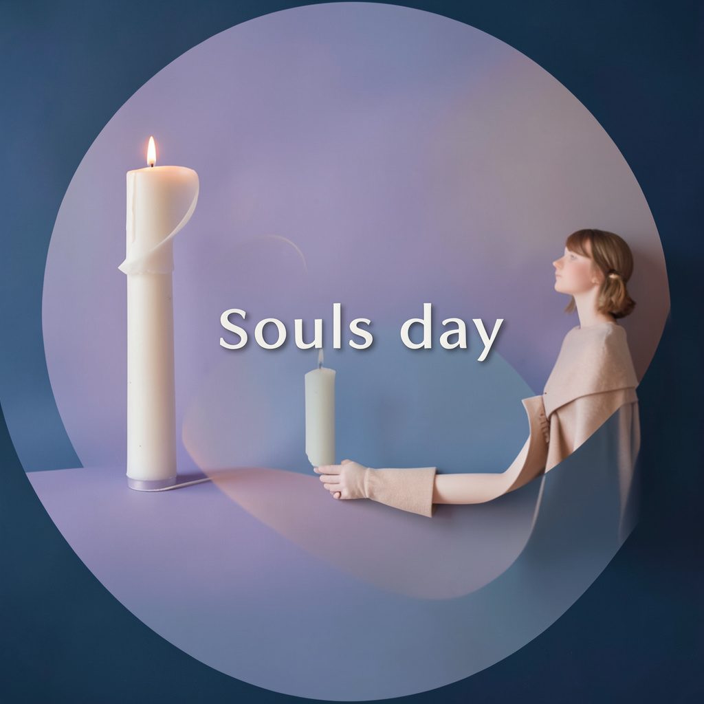 Quiet remembrance scene with softly glowing candles, deep teal shadows, warm coral highlights, reverent and prayerful mood