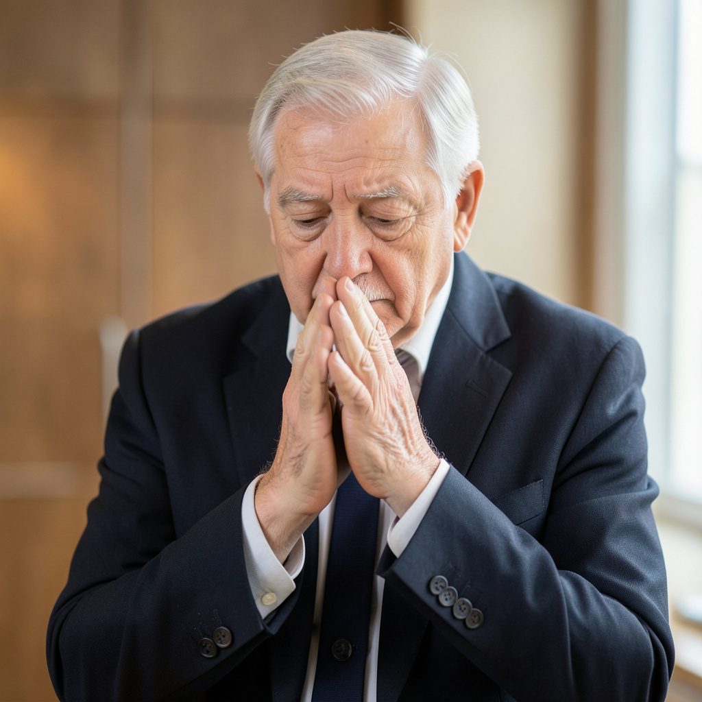 A bishop praying with hands folded, soft golden light, reverent and quiet atmosphere in teal and warm cream tones